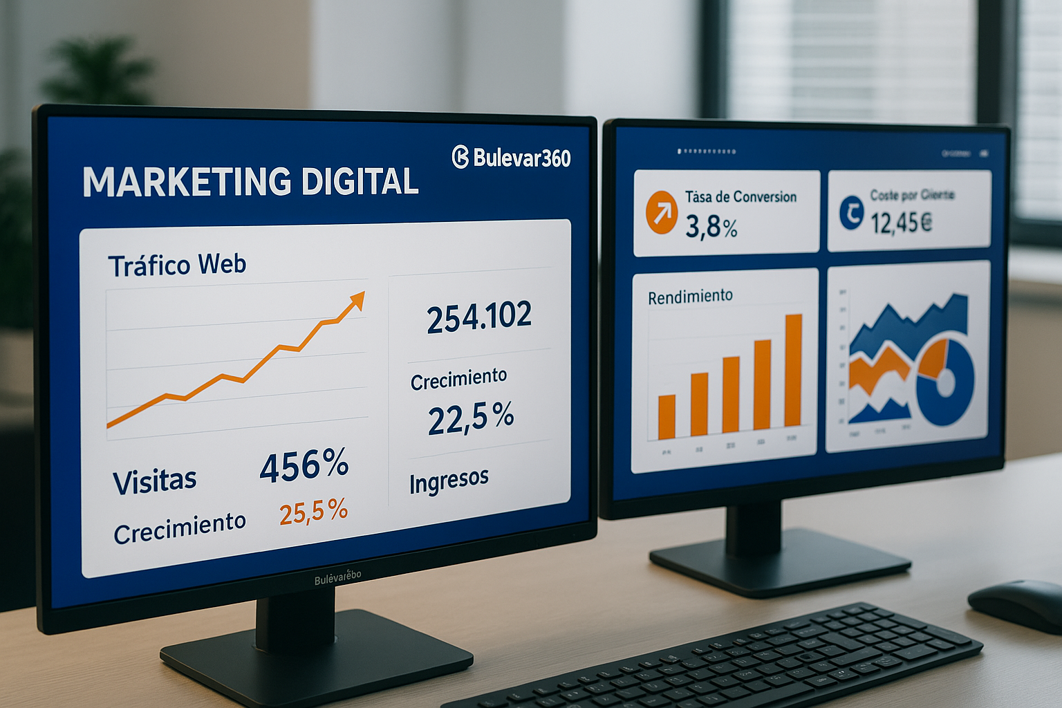 Bulevar360 | Tu Agencia De Desarrollo Web, Marketing Digital Y Comercio Electrónico | La Coruña Dashboard de resultados de Bulevar360 mostrando métricas de marketing digital, tráfico web, conversiones y ROI en tiempo real